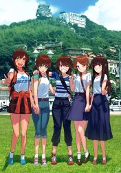 Rule 34 | 5girls, :d, ;), alternate costume, backpack, bag, blew andwhite, blue skirt, brown eyes, brown hair, building, casual, clothes around waist, comiket 94, commentary request, denim, fubuki (kancolle), full body, green eyes, grin, holding hands, hatsuyuki (kancolle), highres, i-401 (kancolle), jacket, jacket around waist, jeans, kantai collection, long hair, long skirt, looking at viewer, looking to the side, low ponytail, low twintails, miyuki (kancolle), mountain, multiple girls, odd one out, one eye closed, open mouth, orange jacket, pagoda, pants, photo background, ponytail, scenery, shirayuki (kancolle), shirt, shoes, short hair, short ponytail, skirt, smile, sneakers, twintails, v, v-shaped eyebrows, white shirt