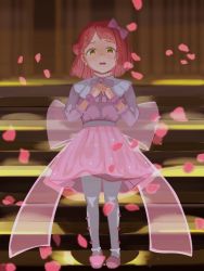 Rule 34 | 1girl, artist name, artist request, back bow, blush, bow, bowtie, braid, braided bun, breasts, dream with you (love live!), dress, dress bow, earrings, falling petals, female focus, frilled skirt, frills, full body, green eyes, hair bow, hair bun, high heels, highres, indoors, jewelry, long sleeves, looking at viewer, love live!, love live! nijigasaki high school idol club, love live! school idol festival, miniskirt, neck ruff, necklace, orange hair, parted lips, pearl earrings, pearl necklace, petals, pink bow, pink dress, pink footwear, pink petals, pink skirt, pink wrist cuffs, plaid, plaid dress, plaid skirt, pleated, pleated dress, pleated skirt, polka dot, polka dot skirt, puffy short sleeves, puffy sleeves, red hair, short hair, short sleeves, side bun, single side bun, skirt, smile, solo, stairs, standing, uehara ayumu, white bow, white legwear, wrist cuffs, yellow eyes