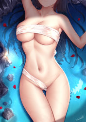 Rule 34 | 1girl, arm up, artist name, bandeau, bare shoulders, black hair, breasts, cleavage, collarbone, commentary request, cowboy shot, gluteal fold, groin, head out of frame, highres, large breasts, long hair, lying, navel, on back, original, petals, petals on liquid, signature, skindentation, smile, solo, stomach, strapless, thighs, tube top, underboob, water, wet, wsman