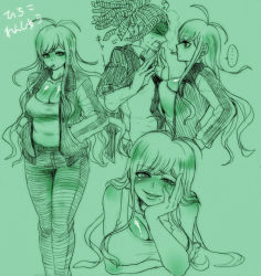 Rule 34 | 10s, 1boy, 1girl, antenna hair, blush, breasts, cigarette, danganronpa: trigger happy havoc, danganronpa (series), danganronpa another episode: ultra despair girls, dreadlocks, family, green theme, hagakure hiroko, hagakure yasuhiro, hand on own cheek, hand on own face, jacket, jewelry, large breasts, lips, long hair, looking at viewer, mole, monochrome, mother and son, necklace, necktie, open clothes, open jacket, pearl necklace, ponytail, siroringo, smile, swept bangs, track jacket, translation request