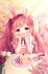 Rule 34 | 1girl, :d, animal ears, blush, bow, cake, cake slice, chitosezaka suzu, commentary request, couch, cup, dress, flower, flower on liquid, food, fork, frills, hair bow, hands up, indoors, long hair, looking at viewer, on couch, open mouth, original, pink dress, pink hair, plate, puffy short sleeves, puffy sleeves, rabbit ears, red bow, red eyes, red flower, red rose, rose, short sleeves, smile, solo, table, teacup, teapot, twintails, upper body, white flower, white rose