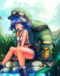 Rule 34 | 1girl, alternate costume, backlighting, backpack, bag, between breasts, blue eyes, blue hair, blurry, blush, boots, breasts, camisole, comic, cross-laced footwear, cucumber, day, depth of field, eating, food in mouth, frilled camisole, frills, goggles, goggles on headwear, green hat, hair bobbles, hair ornament, hat, highres, kappa, kawashiro nitori, key, knees together feet apart, koissa, lace-up boots, legs, long legs, looking at viewer, matching hair/eyes, medium breasts, midriff, mouth hold, outdoors, plant, short hair, short shorts, shorts, sitting, solo, stomach, strap between breasts, tank top, touhou, twintails, two side up, v arms, watch, white legwear, wrench, wristwatch