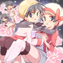 Rule 34 | 2girls, apron, ass, atom (@tom), bad id, bad pixiv id, bike shorts, black hair, blue eyes, blush, bow, character sheet, creatures (company), dual persona, earrings, female focus, flower, game freak, holding hands, hat, hat bow, jacket, jewelry, kris (pokemon), looking at viewer, multiple girls, nintendo, overalls, pokemon, pokemon adventures, sky, star (sky), star (symbol), starry sky, thighhighs, twintails