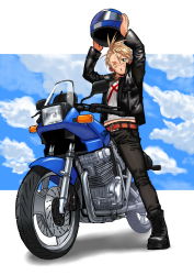Rule 34 | 10s, 1girl, androgynous, arms up, belt, blonde hair, boots, cessa, earrings, full body, green eyes, helmet, highres, idolmaster, idolmaster cinderella girls, jacket, jewelry, kimura natsuki, leather, leather jacket, looking at viewer, messy hair, motor vehicle, motorcycle, one eye closed, open mouth, pants, short hair, sky, solo, sweat, tomboy, vehicle