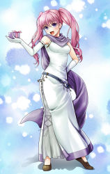 Rule 34 | 1girl, arm behind back, belt, blue background, blush, box, breasts, dress, elbow gloves, fire emblem, fire emblem: the blazing blade, full body, gift, gift box, gloves, highres, long hair, looking at viewer, nintendo, open mouth, pink hair, purple eyes, scarf, serra (fire emblem), shoes, smile, solo, standing, twintails, white gloves, yuino (fancy party)