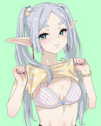 Rule 34 | 1girl, blush, bra, bracelet, breasts, character hair ornament, chiikawa, chiikawa (character), clothes lift, commentary request, earrings, elf, frieren, green background, green eyes, grey hair, hachiware (chiikawa), hair ornament, jewelry, karube guri, lifting own clothes, long hair, looking at viewer, multicolored nails, pointy ears, shirt, shirt lift, simple background, small breasts, smile, solo, sousou no frieren, underwear, upper body, usagi (chiikawa)