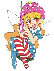 Rule 34 | &gt;:d, 1girl, :d, american flag dress, american flag legwear, blonde hair, blue pantyhose, clownpiece, dress, fairy wings, fire, floating, full body, hat, ini (inunabe00), jester cap, long hair, looking at viewer, neck ruff, open mouth, pantyhose, pink fire, pink hat, polka dot headwear, red eyes, red pantyhose, short dress, short sleeves, simple background, smile, solo, star (symbol), star print, striped clothes, striped dress, striped pantyhose, touhou, v-shaped eyebrows, very long hair, white background, wings