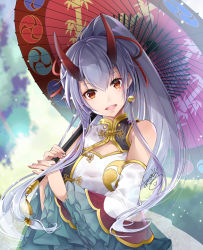 Rule 34 | 1girl, akatsuki hijiri, blush, breasts, china dress, chinese clothes, detached sleeves, dress, fate/grand order, fate (series), frilled sleeves, frills, hair between eyes, hair ribbon, holding, holding umbrella, horns, large breasts, long hair, looking at viewer, oil-paper umbrella, oni horns, ponytail, red eyes, ribbon, sash, shawl, silver hair, smile, solo, tomoe gozen (fate), tomoe gozen (traveling outfit) (fate), umbrella, very long hair, wide sleeves