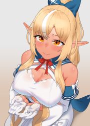 Rule 34 | 1girl, blonde hair, blush, bow, breasts, cleavage, cleavage cutout, clothing cutout, dark-skinned female, dark skin, detached sleeves, elf, from above, gloves, hair bow, highres, hololive, jun tsugumi, kneeling, large breasts, long hair, multicolored hair, pointy ears, ponytail, shiranui flare, shiranui flare (1st costume), solo, streaked hair, virtual youtuber, white gloves, white hair