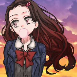 Rule 34 | 1girl, blazer, blouse, blue jacket, bow, bowtie, brown hair, blowing bubbles, collared shirt, contemporary, curly hair, floating hair, gradient hair, grey shirt, hair ornament, hairclip, jacket, kamado nezuko, kimetsu no yaiba, long hair, long sleeves, looking to the side, multicolored hair, open clothes, open jacket, outdoors, pink eyes, red bow, red bowtie, red hair, s0w0d, school uniform, shirt, sketch, solo, upper body, very long hair, wing collar