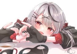 Rule 34 | 1girl, absurdres, black gloves, black hair, blush, bow, cup, ear piercing, fang, fingerless gloves, gloves, grey hair, hair ornament, hairclip, heart, heart hands, highres, hololive, long sleeves, looking at viewer, mask, unworn mask, multicolored hair, nail polish, null maru, open mouth, piercing, plaid, plaid bow, red eyes, red nails, sakamata chloe, sidelocks, solo, streaked hair, swept bangs, upper body, virtual youtuber, x hair ornament