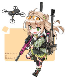 Rule 34 | 1girl, blush, brown hair, camouflage, dog tags, double bun, drone, eyewear on head, fatkewell, girls&#039; frontline, green eyes, gun, hair between eyes, highres, holding, holding gun, holding weapon, knee pads, long hair, open mouth, rfb (girls&#039; frontline), rifle, simple background, solo, thigh strap, weapon