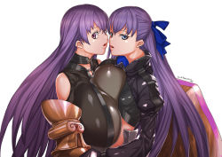 Rule 34 | 2girls, bare shoulders, blue eyes, bodysuit, breast press, breasts, collarbone, fate/grand order, fate (series), gigantic breasts, hamushima, imminent kiss, long hair, meltryllis (fate), multiple girls, o-ring, o-ring top, passionlip (fate), pink eyes, purple hair, simple background, very long hair, white background, yuri