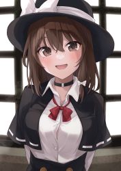 Rule 34 | 1girl, absurdres, arms behind back, black capelet, black choker, black hat, blush, bow, bowtie, brown eyes, brown hair, buttons, capelet, choker, collared shirt, hair between eyes, hat, hat bow, highres, long sleeves, looking at viewer, md5 mismatch, open mouth, ramie (ramie541), red bow, red bowtie, resolution mismatch, shirt, short hair, smile, solo, source smaller, touhou, upper body, usami renko, white bow, white shirt