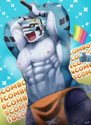 Rule 34 | 1boy, :d, abs, aqua fur, armpits, arms up, axe, bara, blue overalls, combo, combo counter, erisu (7575el), fangs, furry, furry male, helmet, highres, holding, holding axe, large pectorals, lgbt pride, live a hero, loincloth, male focus, muscular, muscular male, navel, nipples, official alternate costume, open mouth, overalls, pectorals, pelvic curtain, rainbow gradient, rexer (live a hero), short hair, smile, solo, stomach, sweat, tiger boy, topless male, very sweaty, white hair