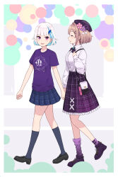 2girls :d ^_^ absurdres asymmetrical_legwear bag black_footwear black_socks blue_hair breasts brown_hair center_frills closed_eyes collared_shirt commentary_request frilled_skirt frills grey_hair hair_ornament hand_up highres lize_helesta loafers long_sleeves medium_breasts multicolored_hair multiple_girls nijisanji open_mouth plaid_clothes plaid_skirt pleated_skirt puffy_long_sleeves puffy_sleeves purple_eyes purple_footwear purple_shirt purple_skirt purple_socks shirt shoes short_sleeves shoulder_bag skirt small_breasts smile socks suzuhara_lulu two-tone_hair virtual_youtuber walking white_shirt yowayowap