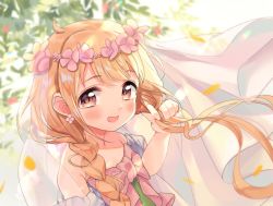 Rule 34 | 1girl, :d, backlighting, blurry, blurry background, blush, bow, braid, brown eyes, commentary request, depth of field, detached sleeves, dress, earrings, flower, flower earrings, futaba anzu, hair flower, hair ornament, hand up, highres, holding, holding own hair, idolmaster, idolmaster cinderella girls, jewelry, kanda done, long hair, low twintails, open mouth, petals, pink bow, pink flower, puffy short sleeves, puffy sleeves, see-through, short sleeves, smile, solo, strapless, strapless dress, twintails, upper body, veil, white dress, white sleeves
