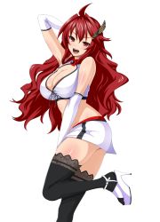 Rule 34 | 1girl, arm behind head, black thighhighs, breasts, cle masahiro, cleavage cutout, clothing cutout, elbow gloves, gloves, hair ornament, high heels, highres, kisaragi setsuna, large breasts, leg up, long hair, midriff, miniskirt, official art, open mouth, red eyes, red hair, round teeth, simple background, skirt, solo, teeth, thighhighs, valkyrie drive, valkyrie drive -siren-, white background, white gloves