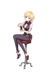 Rule 34 | 1girl, belt pouch, blonde hair, blouse, blue eyes, bow, bowtie, brown bow, brown bowtie, card, center frills, chair, crossed legs, dizzy durand, frills, full body, high heels, highres, looking at viewer, maroon neckwear, official art, pants, playing card, pouch, princess principal, princess principal game of mission, red footwear, shirt, short hair, shuffling, sleeves rolled up, smile, solo, swivel chair, transparent background, white shirt