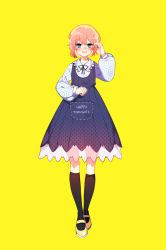 Rule 34 | 1girl, :d, alternate costume, black socks, blue eyes, casual, clothes writing, commentary, doki doki literature club, dress, english commentary, full body, hat, highres, kneehighs, looking at viewer, open mouth, pink hair, puffy sleeves, savi (byakushimc), sayori (doki doki literature club), short hair, simple background, smile, socks, solo, unmoving pattern, yellow background