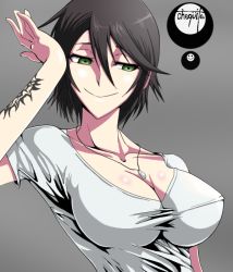 Rule 34 | 1girl, artist request, black hair, breasts, chequita, cleavage, female focus, green eyes, jewelry, jormungand (manga), large breasts, necklace, short hair, simple background, smile, solo, tattoo