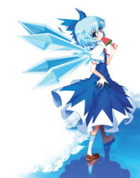 Rule 34 | 1girl, bad id, bad pixiv id, blue dress, blue hair, bow, cirno, dirty, dress, embodiment of scarlet devil, female focus, food, fruit, hair bow, hong (white spider), ice cream, large bow, popsicle, reflection, reflective water, ribbon, short hair, solo, touhou, walking, walking on liquid, water, watermelon, watermelon bar, wings, wingstray