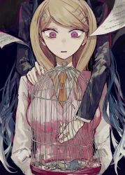 Rule 34 | 2girls, absurdres, akamatsu kaede, amami rantaro, birdcage, blonde hair, blood, breasts, brown pants, cage, commentary request, danganronpa (series), danganronpa v3: killing harmony, death, fortissimo, hair ornament, hairclip, hand on another&#039;s shoulder, highres, holding, large breasts, long hair, long sleeves, multiple girls, musical note, musical note hair ornament, necktie, open mouth, orange neckwear, pants, pink blood, pink sweater vest, postal mark (tsu qq), shirogane tsumugi, shirt, solo focus, spoilers, standing, sweater vest, upper body, white shirt