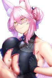Rule 34 | 1boy, 1girl, animal ear fluff, animal ears, areola slip, bare shoulders, bell, black dress, black gloves, blush, breasts, breasts squeezed together, censored, chinese clothes, covered erect nipples, double bun, dress, fate/grand order, fate (series), fox ears, fox girl, glasses, gloves, hair between eyes, hair bun, hetero, highres, koyanskaya (chinese lostbelt outfit) (fate), koyanskaya (fate), large breasts, looking at another, mosaic censoring, nipple slip, nipples, no bra, paizuri, paizuri under clothes, penis, pink hair, sideboob, sidelocks, simple background, sleeveless, sleeveless dress, solo focus, tamamo (fate), underboob, white background, yellow eyes