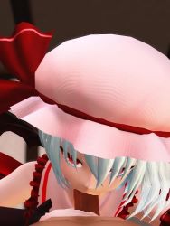 Rule 34 | 1boy, 1girl, 3d, animated, bat wings, censored, cheek bulge, clothed male nude male, collarbone, detached sleeves, fellatio, grey hair, hat, looking at viewer, mikumikudance (medium), mob cap, mosaic censoring, nude, oral, penis, pink headwear, pmuosu, pov, red eyes, remilia scarlet, short hair, solo focus, touhou, upper body, video, wings