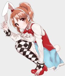 Rule 34 | 10s, 1girl, abe nana, animal ears, argyle, argyle clothes, argyle legwear, ascot, bad id, bad pixiv id, blue skirt, bow, bowtie, breast press, breasts, brooch, brown hair, center frills, character request, fake animal ears, fake tail, frilled skirt, frilled sleeves, frills, full body, gem, harlequin (pattern), heart, idolmaster, idolmaster cinderella girls, jewelry, large breasts, long sleeves, mary janes, misumi (macaroni), ponytail, rabbit ears, rabbit tail, red bow, red bowtie, red eyes, red footwear, red gemstone, red vest, shirt, shoes, skirt, sleeve cuffs, smile, solo, squatting, tail, thighhighs, vest, white shirt, zettai ryouiki