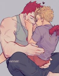 Rule 34 | 2boys, arm hair, bara, bare shoulders, black pants, blonde hair, blue eyes, blush, boku no hero academia, couple, endeavor (boku no hero academia), closed eyes, facial hair, feather necklace, feathered wings, forehead-to-forehead, green tank top, hanta96, hawks (boku no hero academia), heads together, highres, male focus, mature male, multiple boys, muscular, muscular male, orange shorts, pants, pectorals, purple shirt, red hair, red wings, scar, scar across eye, scar on face, shirt, short hair, shorts, sideburns, sitting, sitting on lap, sitting on person, spiked hair, stubble, tank top, wings, yaoi