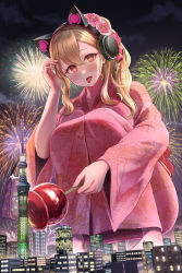 Rule 34 | 1girl, absurdres, animal ear headphones, azur lane, blonde hair, building, candy apple, cat ear headphones, city, concord (azur lane), concord (red apple candy) (azur lane), fake animal ears, fireworks, flower, food, giant, giantess, hair flower, hair ornament, headphones, highres, holding, holding food, japanese clothes, kimono, long hair, looking at viewer, night, night sky, numaguro (tomokun0808), official alternate costume, open mouth, pink kimono, print kimono, red eyes, sky, solo, squatting, star (symbol), star in eye, symbol in eye, tongue, tongue out, wide sleeves