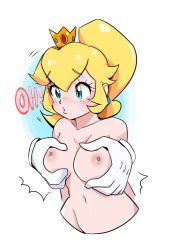 Rule 34 | 1girl, ^^^, absurdres, blonde hair, blue background, blue eyes, blush, grabbing another&#039;s breast, breasts, circle, collarbone, cropped torso, crown, disembodied hand, earrings, english text, eyelashes, gloves, grabbing, grabbing from behind, highres, jewelry, large breasts, lips, mario (series), medium hair, navel, nintendo, nipples, nude, pandaischub, parted lips, ponytail, princess peach, solo focus, super mario bros. 1, white background, white gloves
