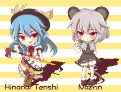 Rule 34 | 2girls, animal ears, bad id, bad pixiv id, bloomers, blue hair, blush, boots, capelet, chibi, english text, female focus, food, fruit, grey hair, hat, hinanawi tenshi, jewelry, long hair, mouse (animal), mouse ears, mouse tail, multiple girls, nazrin, peach, pendant, red eyes, sadomochi, shadow, short hair, sword, sword of hisou, tail, touhou, underwear, weapon