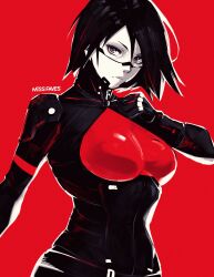 Rule 34 | 1girl, android, armor, artist name, black hair, boobplate, breastplate, breasts, commentary, elster (signalis), english commentary, grey eyes, highres, limited palette, medium breasts, metal skin, miss faves, red background, robot girl, short hair, shoulder armor, signalis, solo