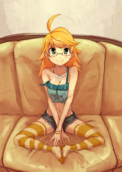 Rule 34 | 1girl, ahoge, bespectacled, blonde hair, bracelet, breasts, butterfly sitting, casual, cleavage, couch, denim, denim shorts, feet together, glasses, green eyes, hoshii miki, idolmaster, idolmaster (classic), jewelry, long hair, maitake (loose), medium breasts, midriff, multicolored clothes, multicolored legwear, navel, necklace, shorts, sitting, smile, solo, strap slip, striped clothes, striped thighhighs, thighhighs, v arms, yellow thighhighs