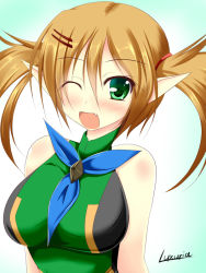 Rule 34 | 1girl, ;d, bare shoulders, blush, body blush, bow, breasts, brown hair, fang, gradient background, green eyes, hair between eyes, hair ornament, hairclip, halterneck, honey jacket, large breasts, looking at viewer, luxuria, one eye closed, open mouth, patty (pso2), phantasy star, phantasy star online 2, pointy ears, scrunchie, short twintails, signature, sleeveless, smile, solo, turtleneck, twintails, upper body