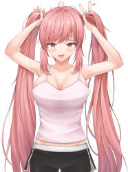 Rule 34 | 1girl, ahoge, bare shoulders, black shorts, blush, breasts, bunching hair, camisole, cleavage, dolphin shorts, fang, highres, holding, holding own hair, large breasts, last origin, lazb., long hair, looking at viewer, miho (last origin), pink hair, red eyes, short shorts, shorts, sidelocks, simple background, skin fang, smile, solo, spaghetti strap, sweatdrop, twintails, very long hair, white background