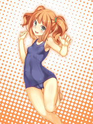 Rule 34 | 1girl, absurdres, bare legs, bare shoulders, barefoot, blush, breasts, cameltoe, collarbone, covered erect nipples, green eyes, highres, idolmaster, idolmaster (classic), one-piece swimsuit, open mouth, orange hair, racer (magnet), school swimsuit, short hair, small breasts, solo, swimsuit, takatsuki yayoi, twintails