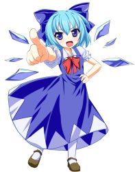 Rule 34 | 1girl, aqua hair, blue eyes, bow, cirno, dress, hair bow, hand on own hip, highres, ice, ice wings, pointing, pointing at viewer, short hair, solo, touhou, wings, yagami (mukage)