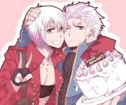 Rule 34 | 2boys, ascot, bad id, bad pixiv id, belt bra, birthday cake, brothers, cake, capcom, cheek-to-cheek, coat, dante (devil may cry), devil may cry, devil may cry (series), devil may cry 3, fingerless gloves, food, gloves, grin, heads together, multiple boys, open clothes, open coat, popped collar, short hair, siblings, smile, sorceress (akaponu), v, vergil (devil may cry), white hair