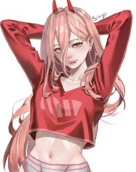 Rule 34 | 1girl, absurdres, alternate eye symbol, arms behind head, breasts, chainsaw man, commentary, cropped shirt, earrings, fangs, groin, hair behind ear, hair between eyes, highres, jewelry, long hair, medium breasts, navel, no pants, nyozantium, pale skin, panties, pink eyes, pink hair, power (chainsaw man), red horse, ringed eyes, signature, solo, striped clothes, striped panties, stud earrings, underwear, upper body, very long hair