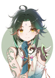 Rule 34 | 1boy, absurdres, ahoge, arm guards, arm tattoo, bare shoulders, bead necklace, beads, black hair, closed mouth, detached sleeves, facial mark, forehead mark, genshin impact, gloves, green gloves, green hair, highres, jewelry, long hair, male focus, multicolored hair, necklace, parted bangs, shoulder pads, shoulder spikes, simple background, sleeveless, smile, solo, spikes, sr. l, tassel, tattoo, white background, xiao (genshin impact), yellow eyes