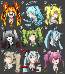 Rule 34 | 1girl, 404, absurdres, adapted costume, alternate eye color, alternate hair color, animal ear fluff, animal ears, annoyed, aqua hair, aqua necktie, black necktie, blonde hair, blue eyes, blue hair, blush, body fur, cat ears, closed mouth, collared shirt, commentary, cropped shoulders, drooling, electricity, elements, error message, eyelashes, fiery clothing, fiery hair, gradient hair, green eyes, green hair, green necktie, grey background, grey hair, grey shirt, hair between eyes, hair ornament, halo, hatsune miku, head tilt, heterochromia, highres, http status code, kemonomimi mode, kobacha (ochakoba), laughing, leaf, lightning bolt symbol, liquid hair, liquid halo, looking at viewer, moss, multicolored hair, multiple persona, necktie, no pupils, open mouth, orange eyes, plant hair, purple eyes, purple hair, red pupils, saliva, shirt, signature, smile, smirk, smoke, tentacle clothes, tentacles, translated, twintails, vocaloid, yellow eyes, yellow necktie