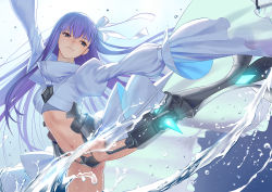 Rule 34 | 10s, 1girl, armor, armored boots, blue eyes, boots, crotch plate, fate/extra, fate/extra ccc, fate/grand order, fate (series), hair ribbon, long hair, long sleeves, meltryllis (fate), meltryllis (third ascension) (fate), navel, purple hair, revealing clothes, revision, ribbon, solo, tsukikanade, very long hair, water