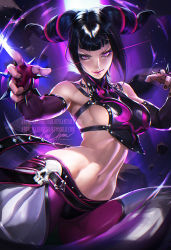Rule 34 | 1girl, black hair, breasts, capcom, drill hair, female focus, fighting stance, glowing, han juri, large breasts, legs, lipstick, long hair, looking at viewer, makeup, midriff, nail polish, navel, open clothes, pink eyes, sakimichan, sideboob, signature, solo, spread legs, street fighter, street fighter iv (series), thighs