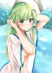 Rule 34 | 1girl, absurdres, arms up, bad id, bad pixiv id, blush, breasts, commentary request, day, frog hair ornament, green eyes, green hair, hair ornament, hair tubes, highres, kochiya sanae, long hair, looking at viewer, medium breasts, naked shirt, no bra, open clothes, open shirt, outdoors, shinonome asu, shirt, solo, touhou, tree, upper body, wet, wet clothes, white shirt, wide sleeves