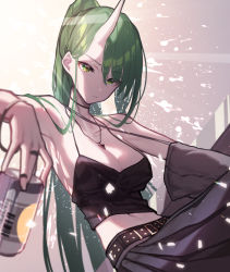 Rule 34 | 1girl, absurdres, arknights, belt, beudelb, black shirt, breasts, can, choker, cleavage, closed mouth, collarbone, cowboy shot, crop top, green eyes, green hair, grey skirt, hair between eyes, halterneck, highres, holding, holding can, horns, hoshiguma (arknights), jewelry, large breasts, long hair, looking at viewer, midriff, necklace, pendant, pleated skirt, shirt, single horn, sitting, skin-covered horns, skirt, solo, spaghetti strap, sparks, stomach, very long hair