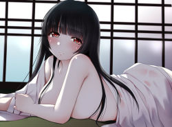 Rule 34 | 1girl, black hair, blush, breasts, closed mouth, commentary request, enma ai, japanese clothes, jigoku shoujo, kimono, kozue akari, large breasts, long hair, looking at viewer, lying, naked kimono, on floor, on stomach, solo
