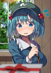 Rule 34 | 1girl, absurdres, blue eyes, blue hair, blurry, blurry background, blurry foreground, blush, breasts, cabbie hat, commentary request, flying sweatdrops, frilled shirt collar, frills, gift, giving, green hat, hair bobbles, hair ornament, hand up, hat, highres, indoors, kawashiro nitori, key, large breasts, long sleeves, mamemochi, nervous smile, nose blush, short hair, smile, solo, touhou, two side up, upper body, window, wooden wall